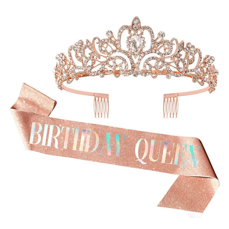 

Женская атласная тиара с короной и кристаллами, украшение на день рождения, годовщину, пояс с атласным поясом, товары Вечерние