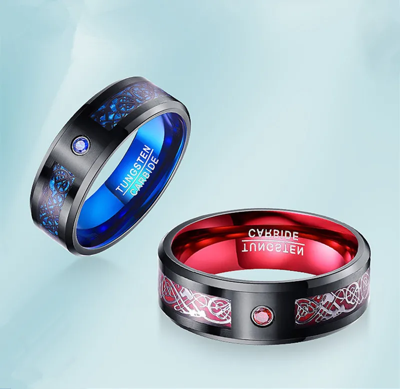 Модное мужское кольцо из карбида вольфрама углеродного волокна с голубым