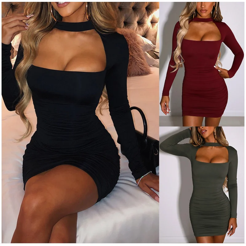 2022 Winter Fashion Chest Hollowed Out Solid Color Sexy Slim Fit Split Hip Long Sleeve Short Elastic Mini Dresses for Women