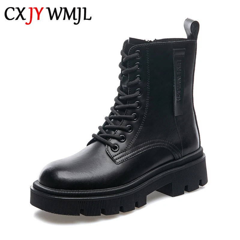 

CXJYWMJL Autumn Genuine Leather Martin Boots For Women British Style Side Zipper Brown Boots Ladies Fashion Thick Bottom Booties
