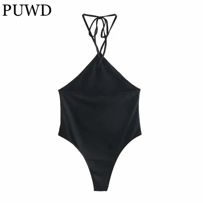 

PUWD Women Halter Sleeveless Bodysuits 2021 Summer Fashion Ladies Casual Sexy Slim Beach Jumpsuit Female Solid Backless Bodysuit