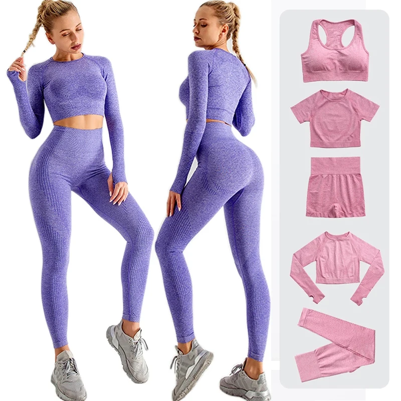

2/3/5PCS Seamless Women Yoga Set Workout Sportswear Gym Clothing Fitness Long Sleeve Crop Top High Waist Leggings Sports Suits