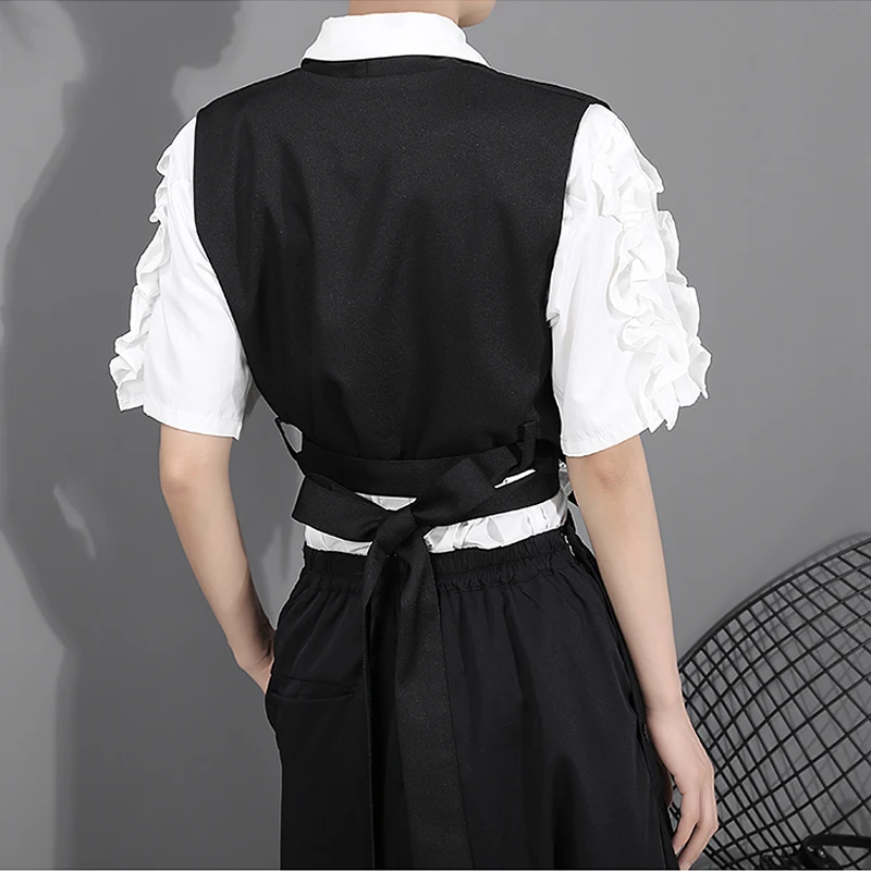 Женский Повседневный жилет без рукавов однотонный черный с поясом и v образным