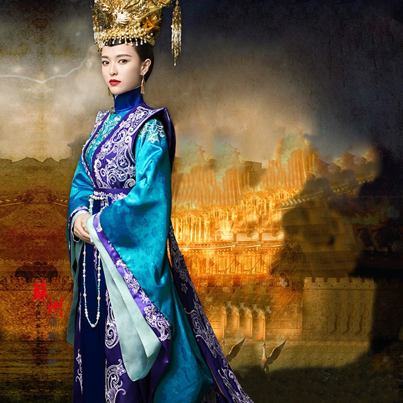 

Cosplay costumes women chinese dress Ancient Movie performance costumes Embroidered blue Hanfu Queen Phoenix Robe Phoenix Crown