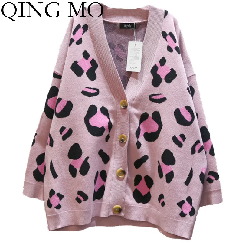 QING MO розовый женский свитер с леопардовым принтом 2019 зимний Кардиган пальто