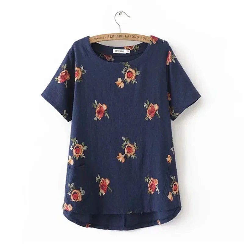 

New National Wind Mother Clothing Women's Summer Floral Short Sleeve Plus Size Loose Tops Shirts Female t-Shirt 4XL Cotton Linen