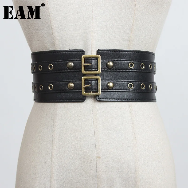 

[EAM] Metal Rivets Decoration Wide Pu Leather Belt Personality Women New Fashion Tide All-match Spring Autumn 2022 1DD3398