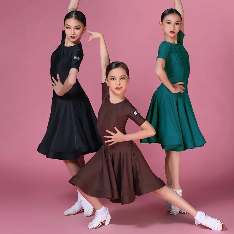 

Детские костюмы для латинских танцев танцевальное платье для сцены; Короткие рукава тренировочное платье девочек Чача Танго танцевальное платье DN8228