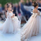 Классическое Тюлевое платье с цветочным рисунком для девочек с бантом, кружевной аппликацией и длинными рукавами для свадьбы, дня рождения, бальное платье для первого причастия