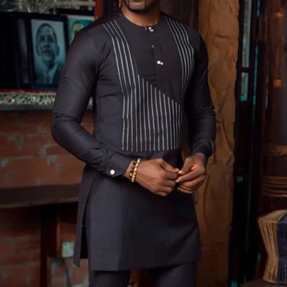Men Stripe Printed Long Sleeve Shirts African Traditional Dashiki Muslim Fashion Tee Tops Islamic Clothing T-shirt Casual Blouse