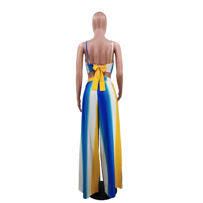 

Women Summer High Waist Pant Two Piece Fashion Sleeveless Strap Tube Top &Printed Trousers Set Casual Loose Wide Leg Pant Suit