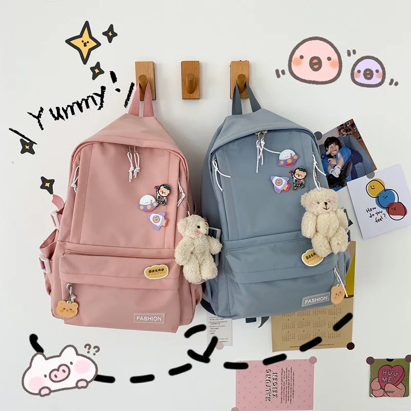 

Корейский женский студенческий школьный ранец для колледжа, женский холщовый рюкзак с милым мультяшным медведем