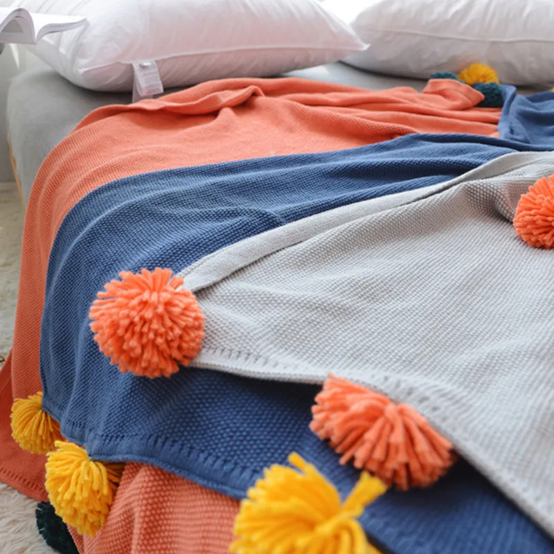 

New Hit Color Blanket 100% Cotton Blanket with Hairball for Sofa Decor Soft Orange Knitted Blanket Decorative Blanket 130x160cm
