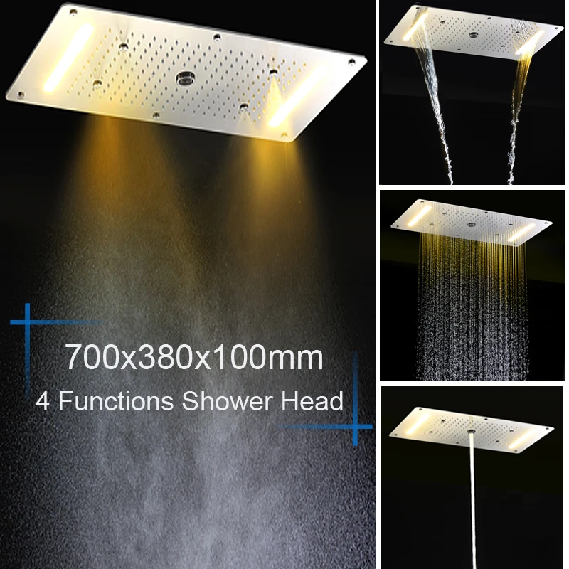2021 Luxury Recessed Ceiling Large Rainfall Massage 4 functions Showerhead Column Misty Waterfall LED Thermostatic Mixer Set |