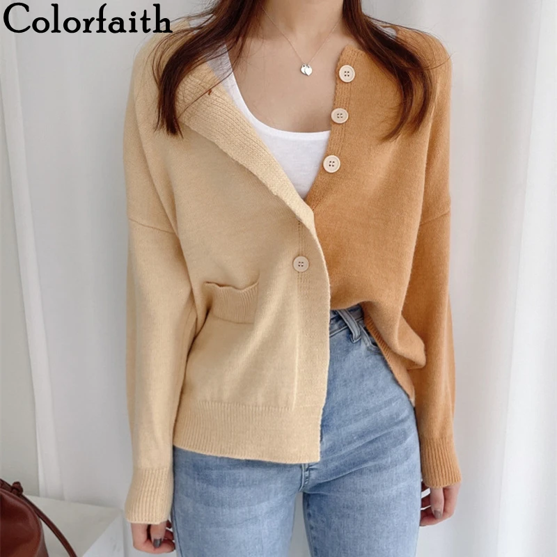 

Colorfaith New Color Blocking 2021 Women's Spring Autumn Sweaters Elegant Lady Cardigans Vintage Korean Short Knitwear SWC3315