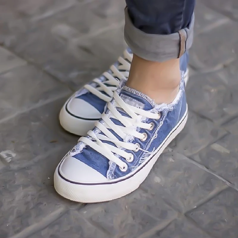 

Women Sneakers Flats Shoes Fringe Denim Young Girls Sport Skateboard Lace Up Casual Shoes Student Leisue Walking Zapatos Flats