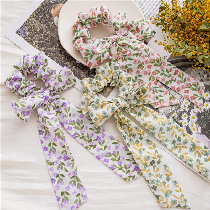 

2021 Summer Chiffon Print Bow Ribbon Ponytail Scarf Hair Tie Scrunchies Headband Women Girls Elastic Hair Bands Hair Accessories