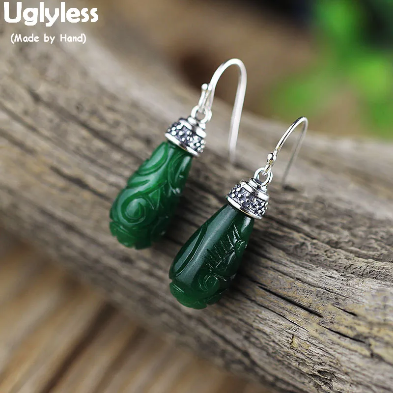 

Uglyless Water Drop Emerald Dangle Earrings for Women Real 925 Silver Earrings Thai Silver Vintage Gemstone Brincos Bijoux E1675