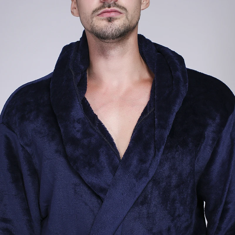 

Winter Nightgrown Man Plus Size 3XL Plush Warm Hooded Long Sleeves Sleepwear Pockets Belt Solid Color Male Pajamas