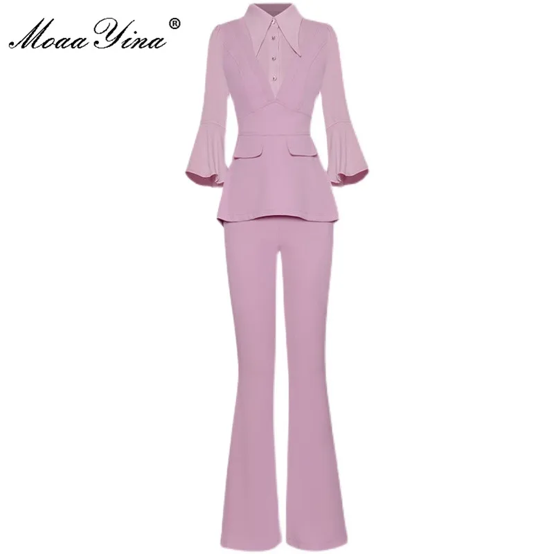 

MoaaYina New 2021 Designer Summer Fashion Solid Two Pieces Pants Set Women's Long sleeve Slim Tops and Wide leg pants suit
