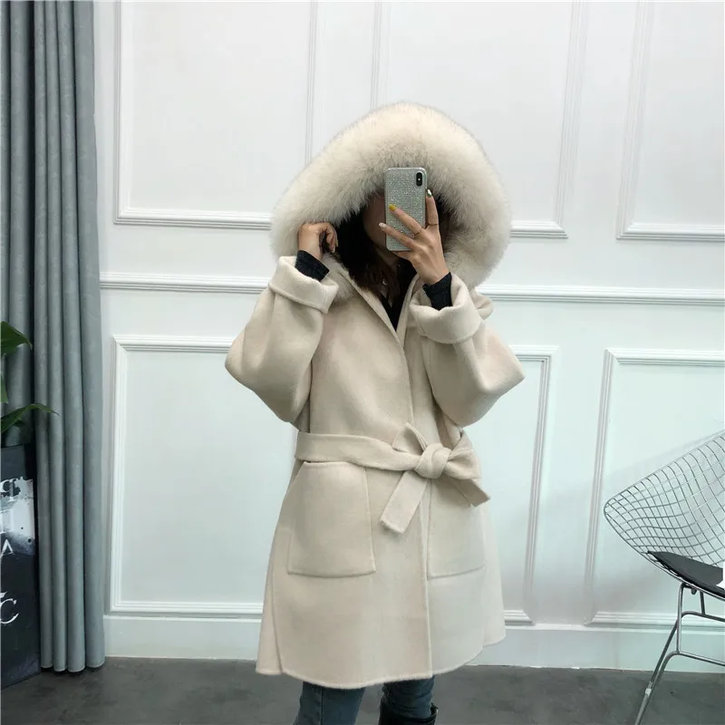 Роскошное Женское пальто из натурального Лисьего меха с капюшоном теплое