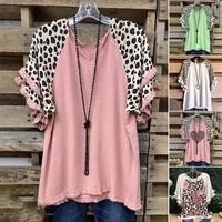 top casual patchwork women blouse for office t shirt o neck printed leopard short ruffle sleeve for office