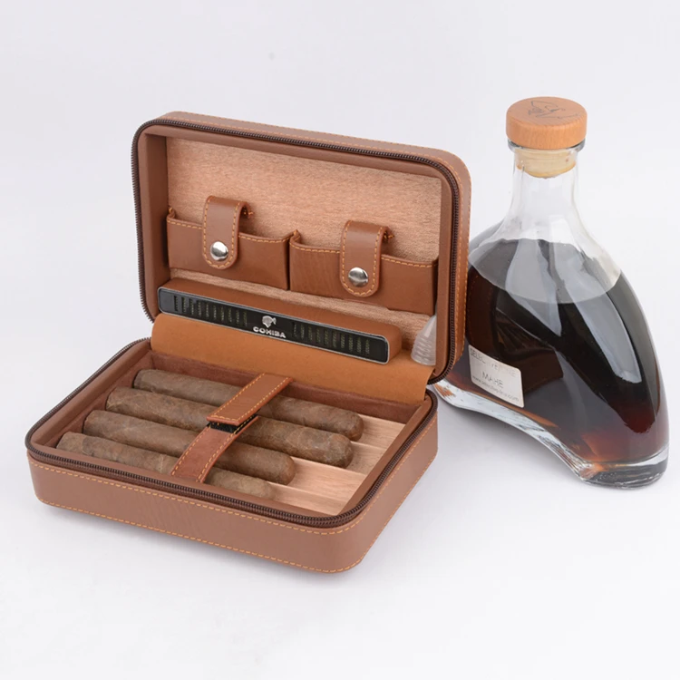 Чехол для сигары COHIBA, кожаный, с подкладкой из кедра, для путешествий, мини-коробка для увлажнения, держатель для сигар с резаком, зажигалка, набор с увлажнителем