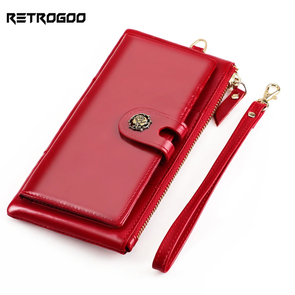 

RETROGOO Large Capacity Multi Function Long Wallet RFID Genuine Leather Women's Wallet Purse Strap Ladies Clutches Female Wallet
