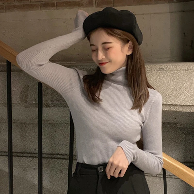 Женский трикотажный свитер-водолазка эластичный однотонный хлопковый пуловер с