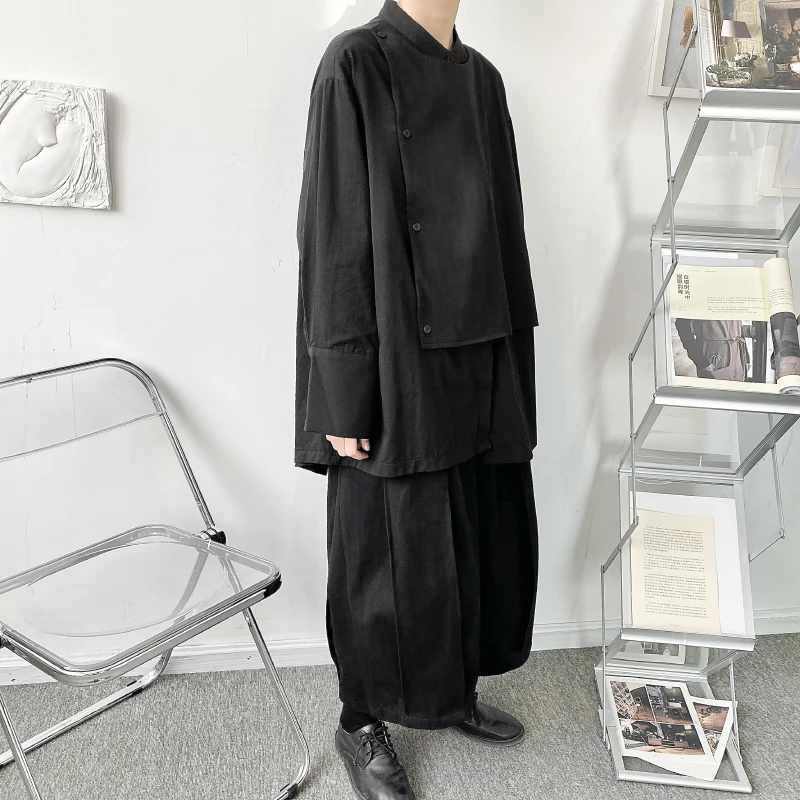 

S-XL!Spring Asymmetrical Irregular Long Sleeve Stand Collar Shirt Trendy Men's Back Slit Loose Literary Fan Shirt.