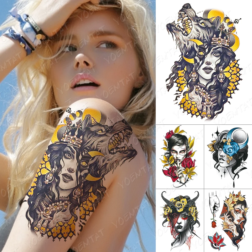 

Waterproof Temporary Tattoo Sticker Wolf Beast Queen Flash Tattoos Golden Halo Old School Body Art Arm Fake Tatoo Women Men