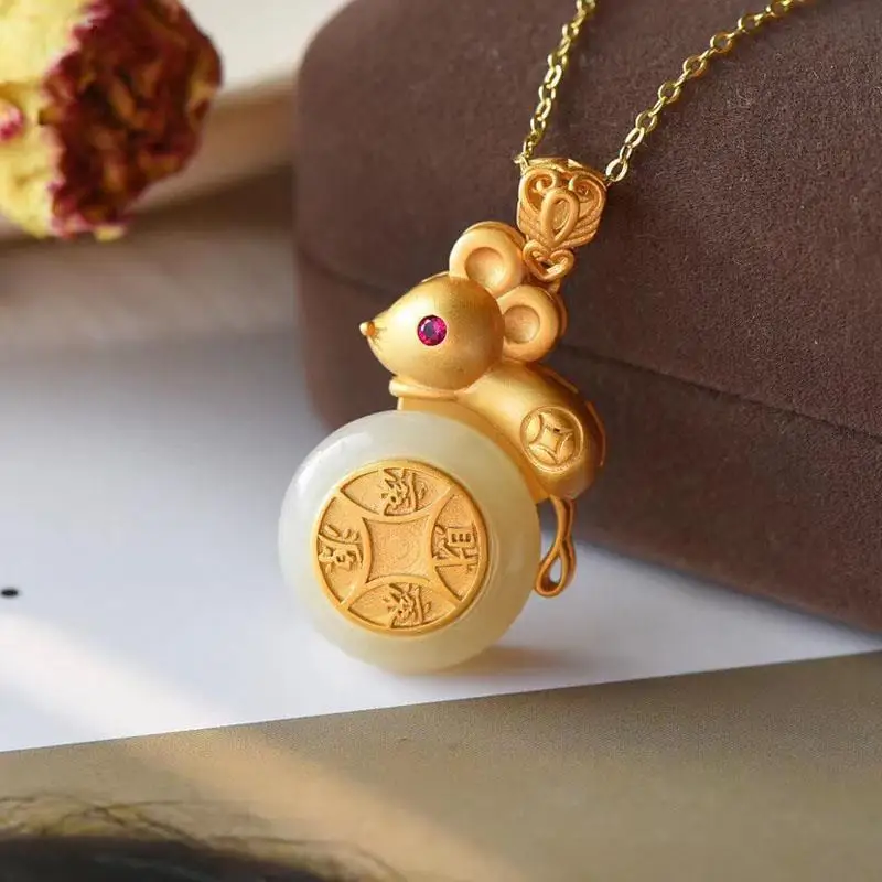 

Natural Hetian Jade Peace Buckle Zodiac Rat Necklace Pendant Rotatable Peace Buckle Fortune Rolling Natal Year Gift