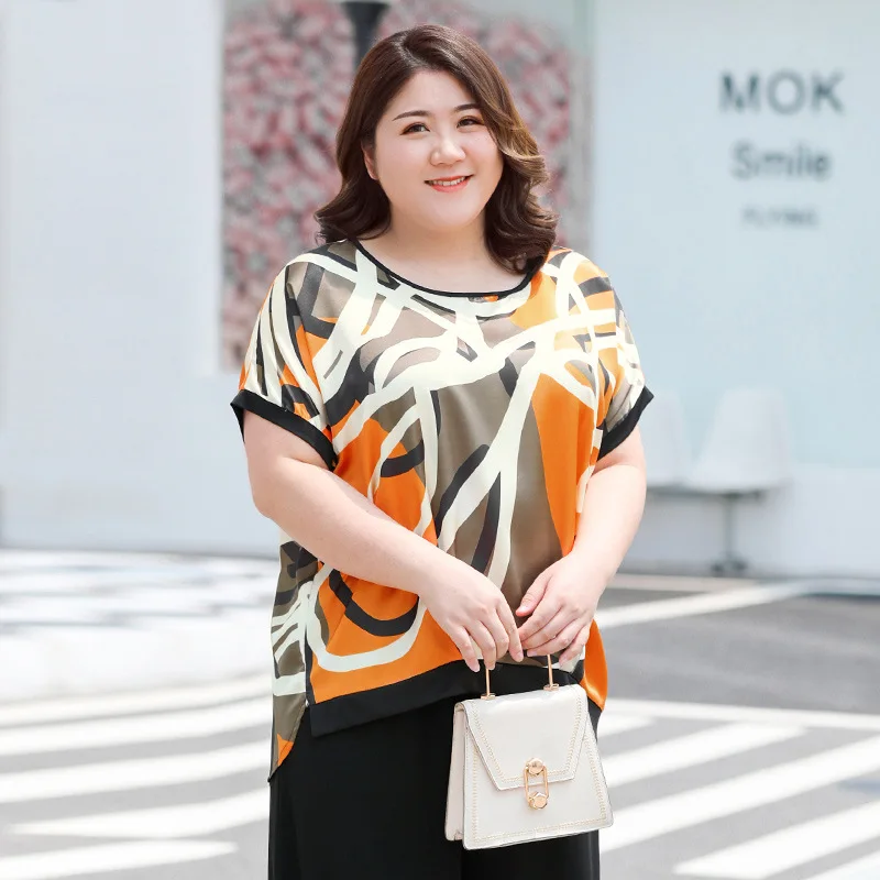 

New 2021 summer plus size tops for women blouse large loose casual short sleeve yellow chiffon print shirt 3XL 4XL 5XL 6XL