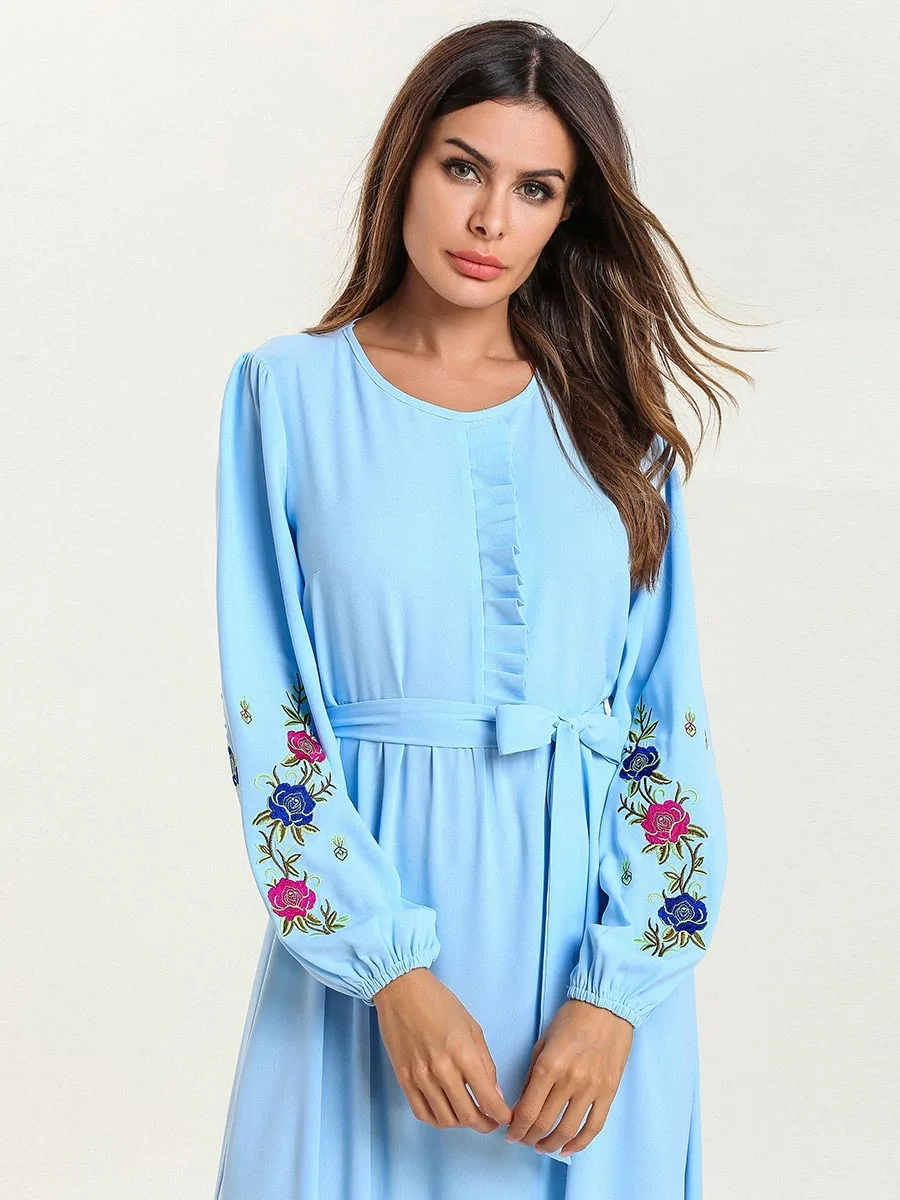 

Muslim Abaya Women Hijab Dress Ethnic Flower Islamic Jilbab Elbise Lace-up Slim Fit Dubai Arab Moroccan Kaftan modest Vestidos