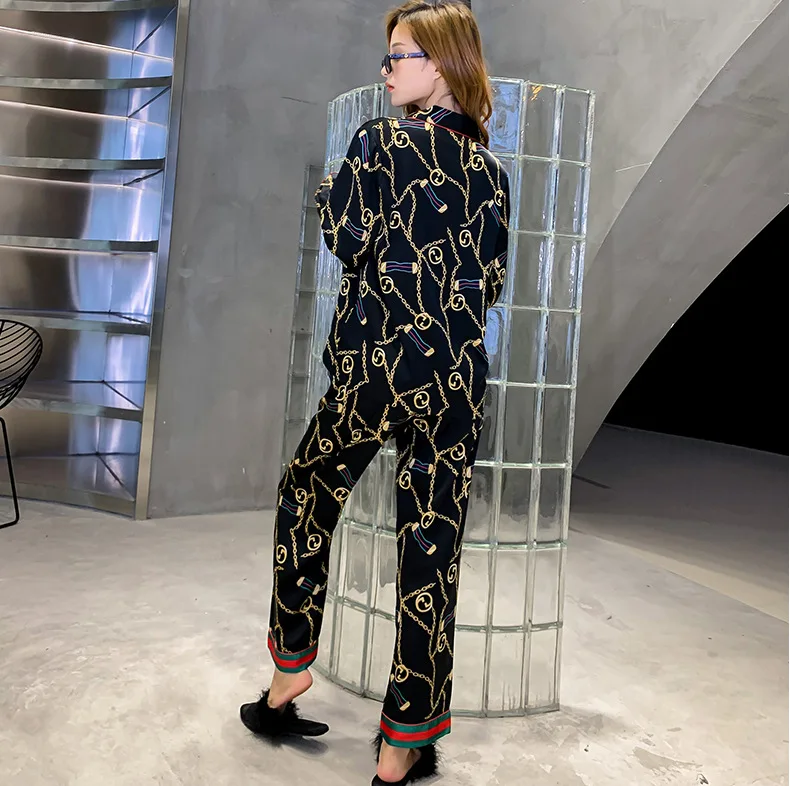 Spring 2021 Ice silk couple pajamas for women set web celebrity long sleeve simulation silk home suit summer 490730