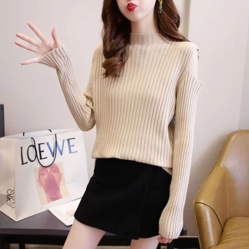 

Новинка весна-осень 2021, Модный женский Однотонный свитер с круглым вырезом и длинным рукавом, вязаная облегающая блузка с вырезом на плечах ...