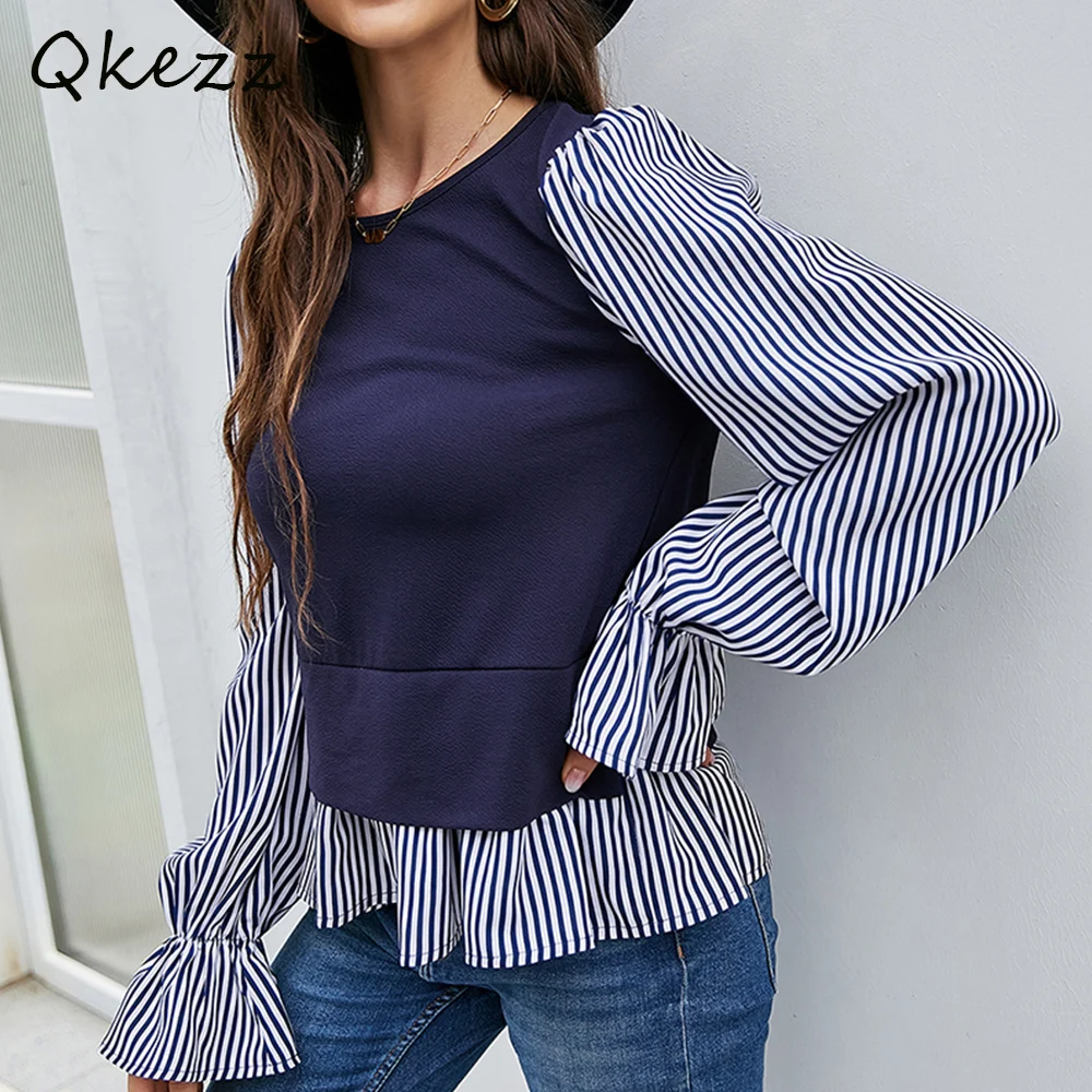 

Qkezz Женская Лоскутная футболка с круглым вырезом, повседневные Элегантные Полосатые блузки с оборками, топы с расклешенными рукавами для ве...