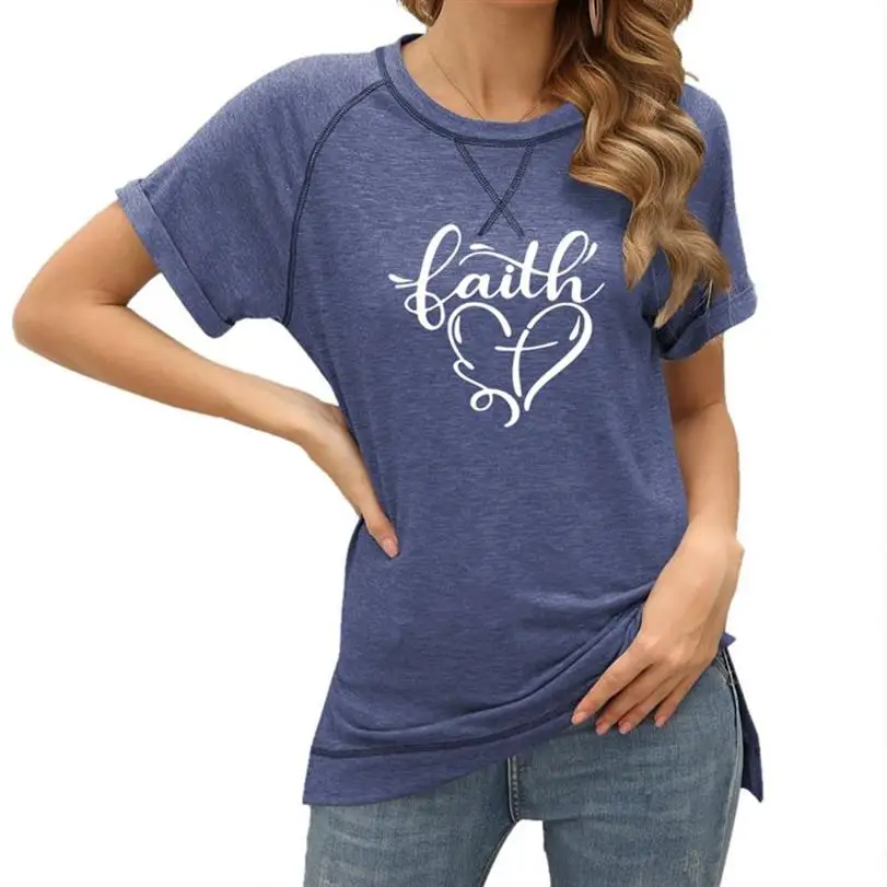 

New Fashion Jesus Faith Letters Print Colorblock Crossover Loose Top With Short Sleeves T-Shirt For Women Tshirt T-Shirt Women