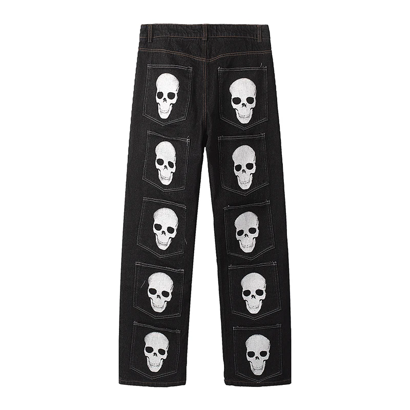 

Multi-pockets Skull Print Retro Denim Trousers Men and Women Straight Washed Hip Hop Oversize Casual Jeans Pants
