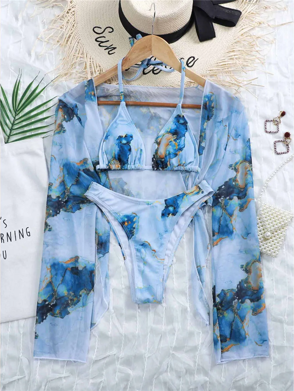 

Sexy Marble Long Sleeve Bikini Female Swimsuit Women Swimwear Plus Size Bikini set Halter Bather Bathing Suit Swim