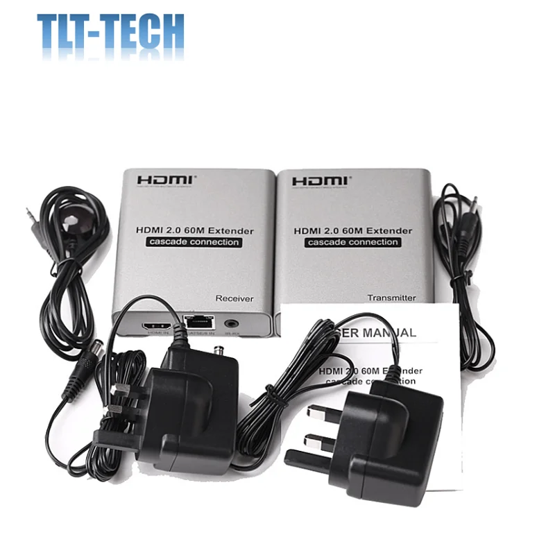 

TLT-TECH A Pair 4K 60HZ 60M HDMI 2.0 Extender Over RJ45 Ethernet Lan CAT5e Cat6 Cable Cascade Connection Extension PC DVD TO TV