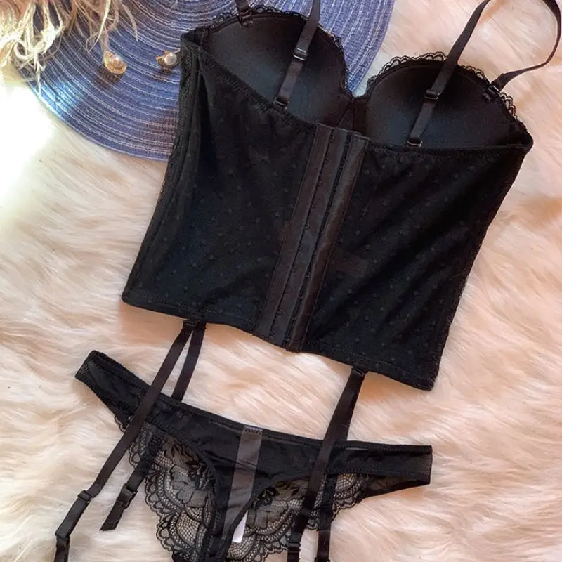 

FITWEE Sexy Garter Belt Women Underwear Sets Push Up Bra And Thongs Invision Solid Color Lace Hollow Out Two Piece Suits