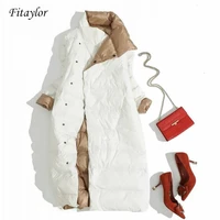 fitaylor plus size women double sided down long jacket white duck down coat winter double breasted warm parkas snow outwear
