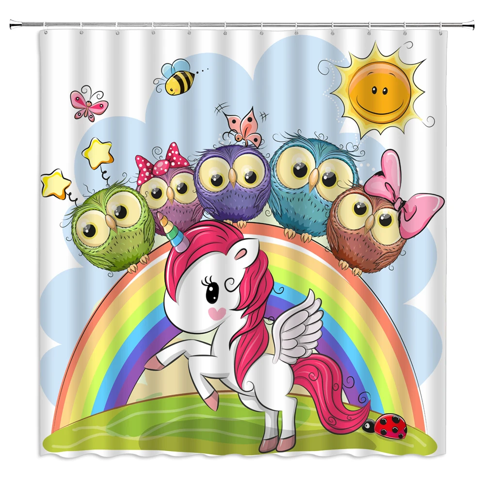 

Шторы для душа в виде единорога, Детские Мультяшные Мифические животные, радуга, Сова, Бабочка, детский Декор для ванной комнаты, прочная вод...