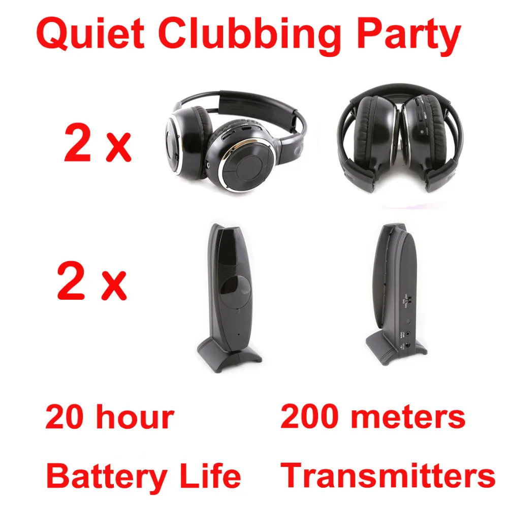 

Silent Disco Headset system black folding wireless headphones - Quiet Clubbing Party Package (2 Headphones + 2 Transmitters)