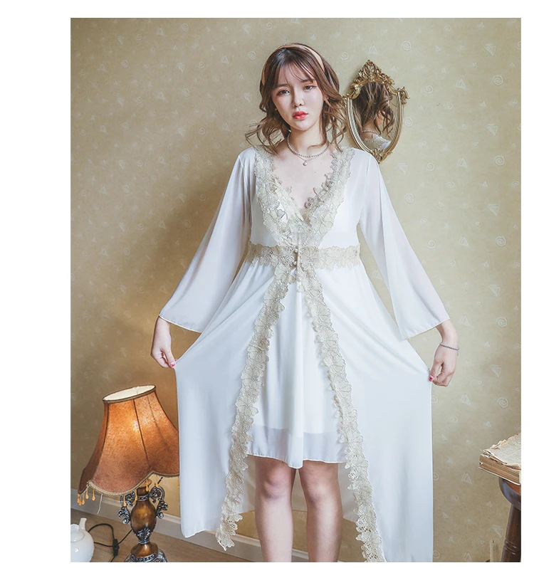 

Fairy Nightgown with Chest Pad Sexy V-neck Lace Sling Nightdress Robes Two-Piece Set Thin Mesh Full-sleeve Home Wear 2 Piece Set