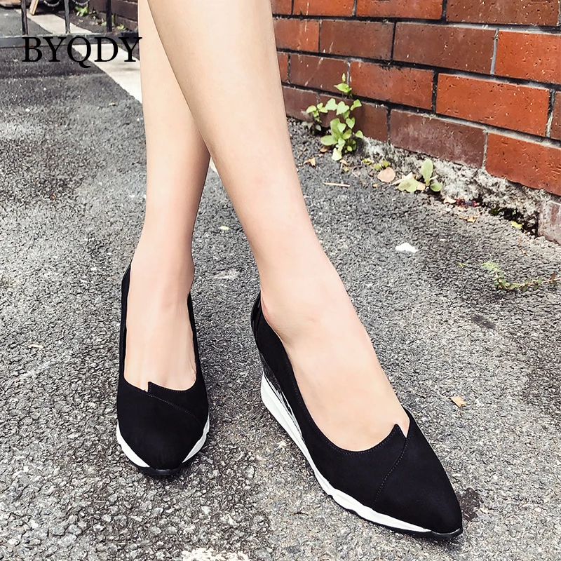 BYQDY/модные туфли из флока на высоком каблуке Женские лодочки танкетке вечерние с