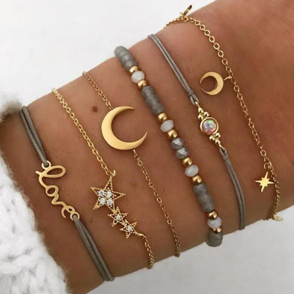

6PCS/Set Bohemian Stone Beads Chains Bracelets Set For Women Black Turquoise star Moon Wrist Bracelet on Hand Boho Jewelry