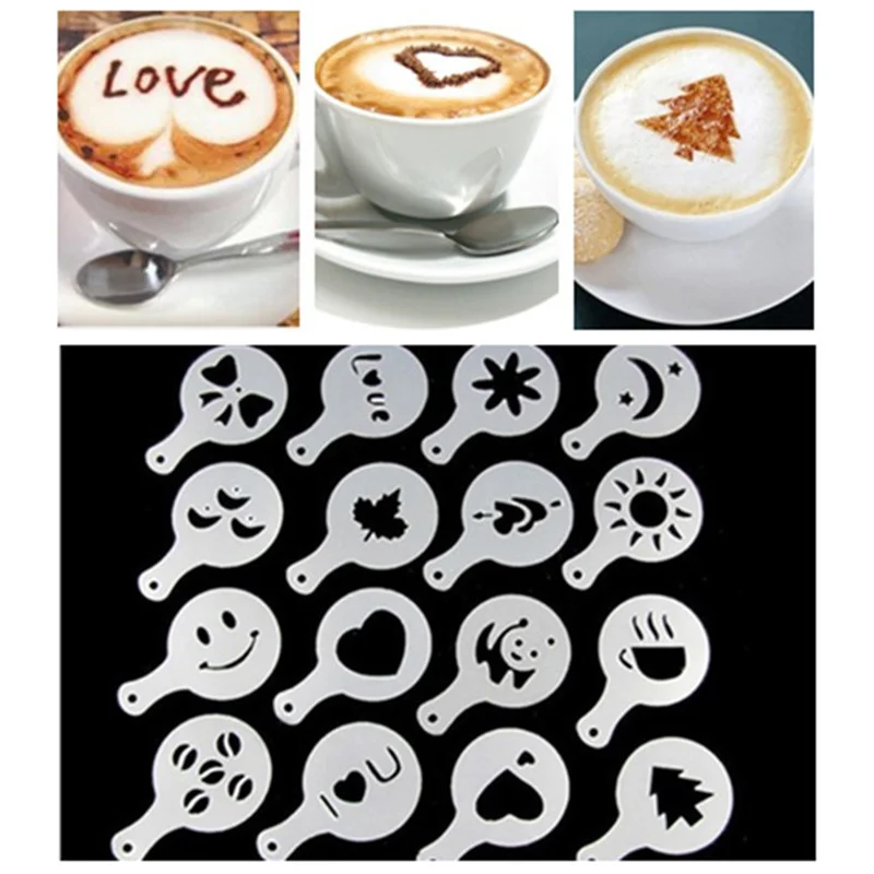 

16pcs/set Of Printing Model Foam Spray Template Barista Garland Mold Coffee Decoration Tool Plastic Latte Art