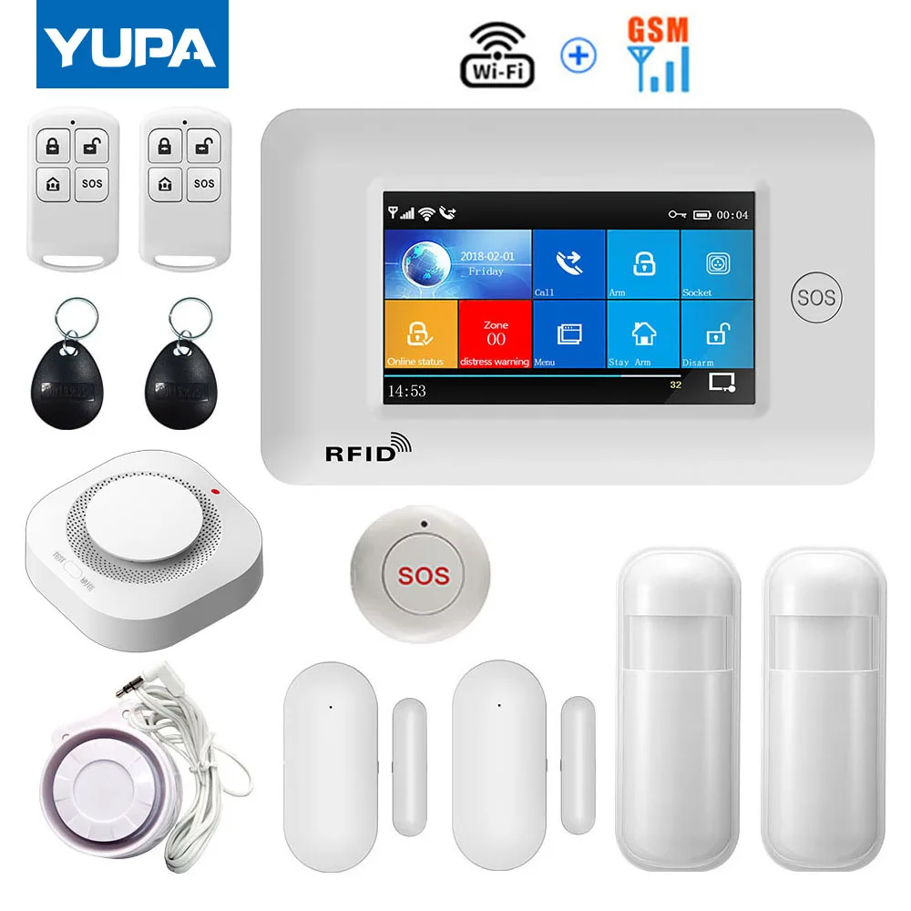 

YUPA 4.3inch Full Touch Screen Wireless 433MHz WIFI GSM Home Burglar Security Alarm System With Smoke Detector SOS Button Kits